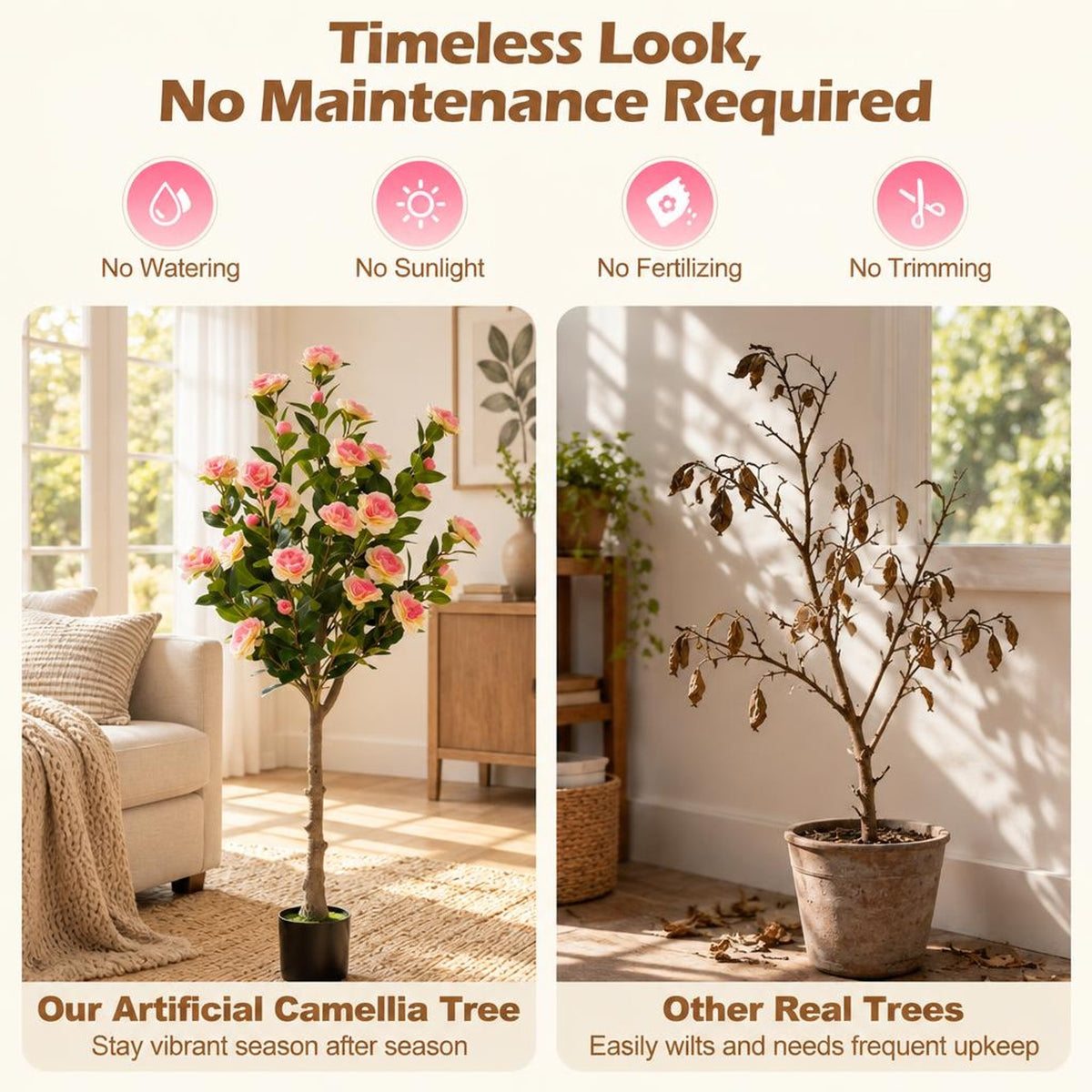 Airfind Set of 2 Artificial Camellia Tree with 27 Blossoms in Cement Pot for Home, Pink Green Black