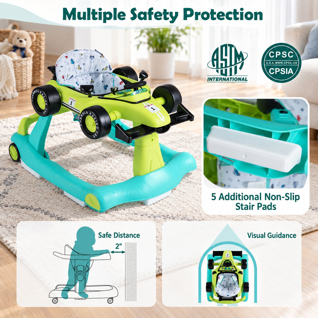 AIRFIND Baby Walker with 4 Activity Modes, 3 Adjustable Heights, Music and Lights, Rear Wheel Speed Control and Folding Frame, Green
