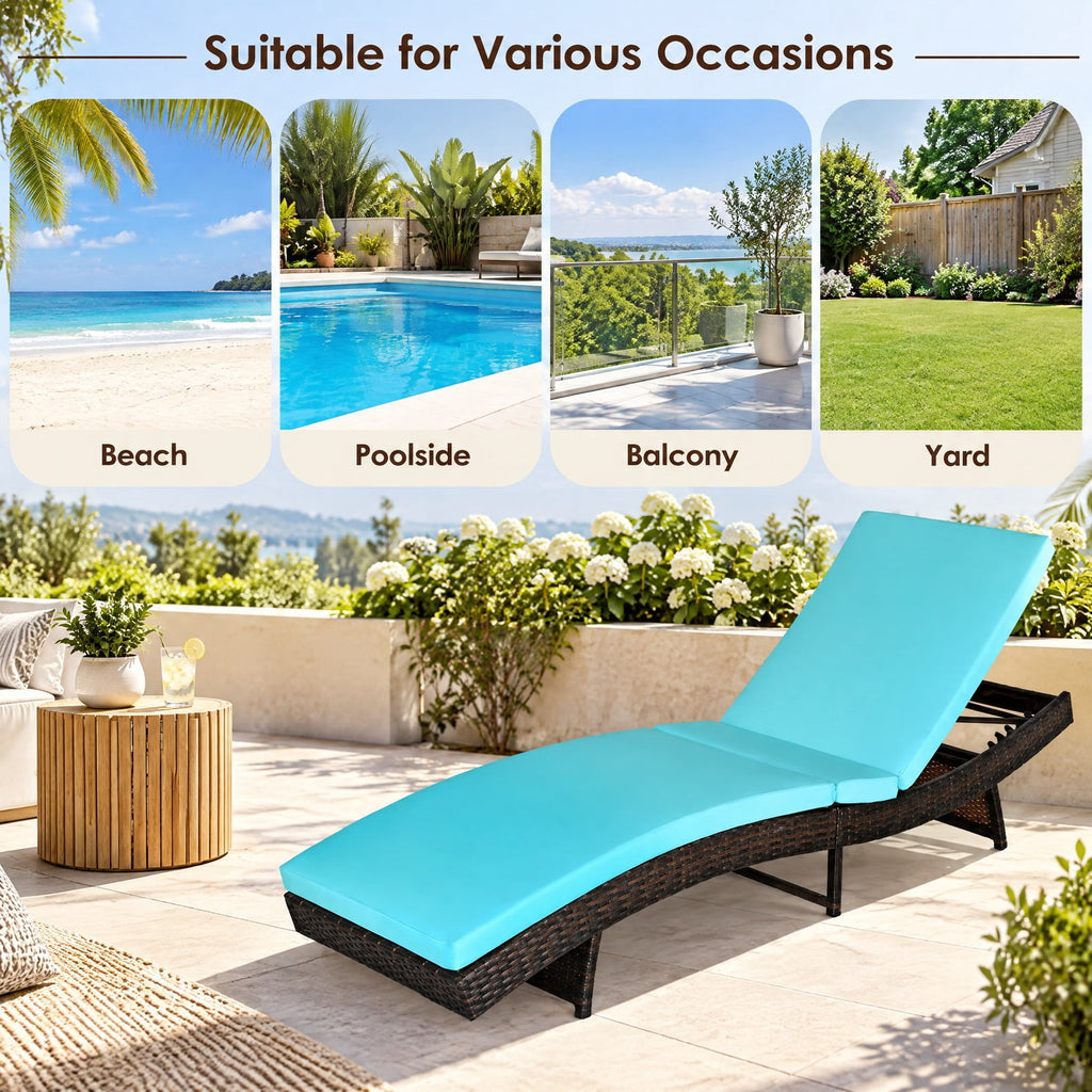 Airfind Patio Folding Adjustable Rattan Chaise Lounge Chair with Cushion, PE rattan steel non-woven fabric D Frame, 83 x 24 x 16-38 Footprint