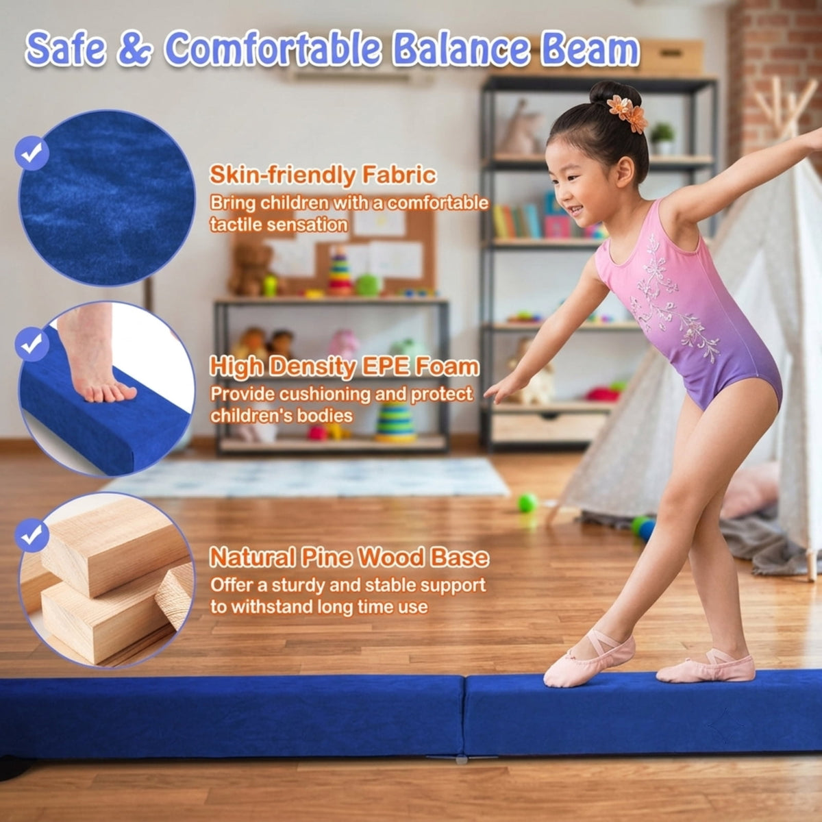 Airfind Folding Balance Beam with Solid Wood Base and Anti Slip Bottom for Kids Gymnastics Practice and Home Training, Blue