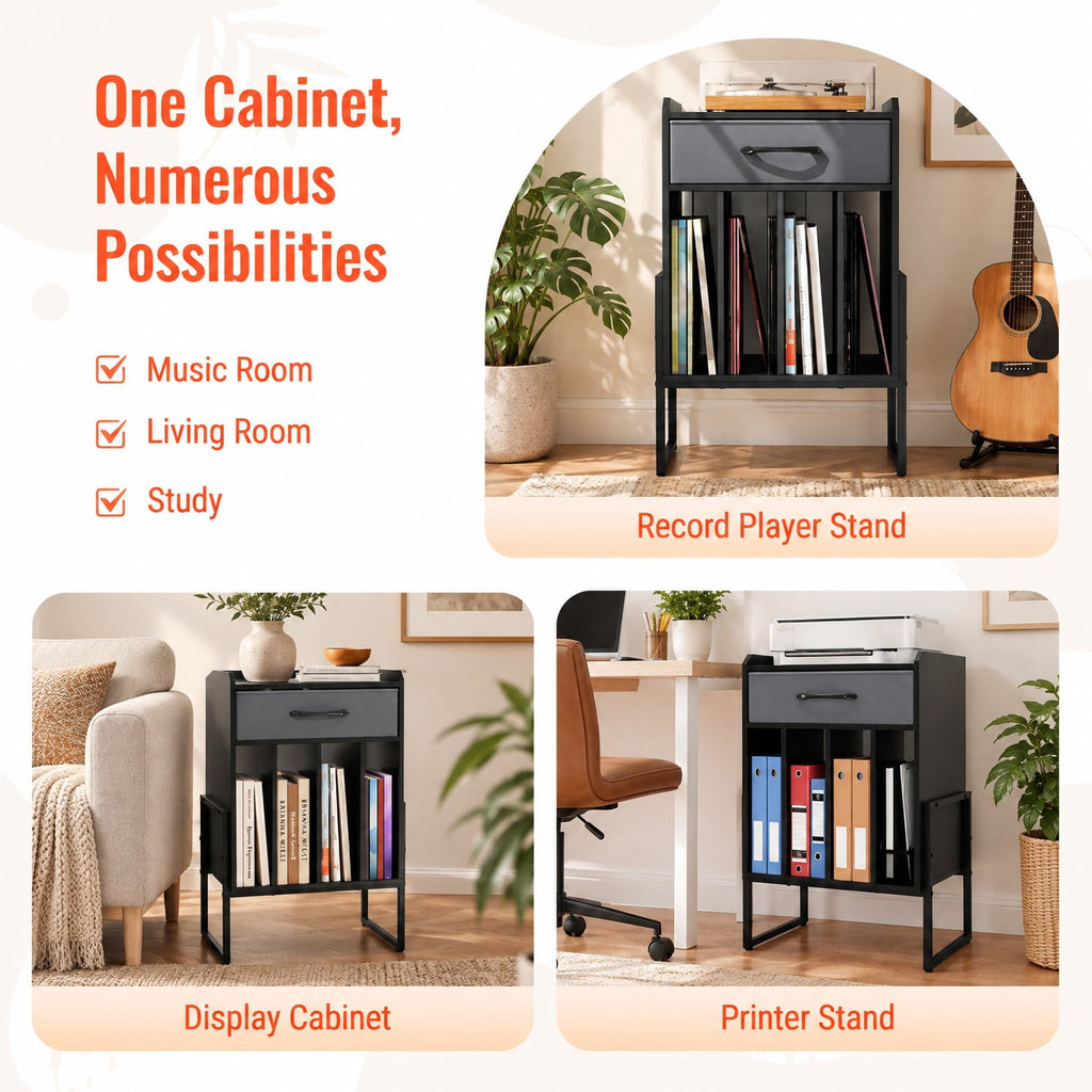 Airfind Record Player Stand with Drawer and Record Holder, 66 lbs Capacity, Engineered Wood MDF Metal Non-woven Fabric Frame, Black