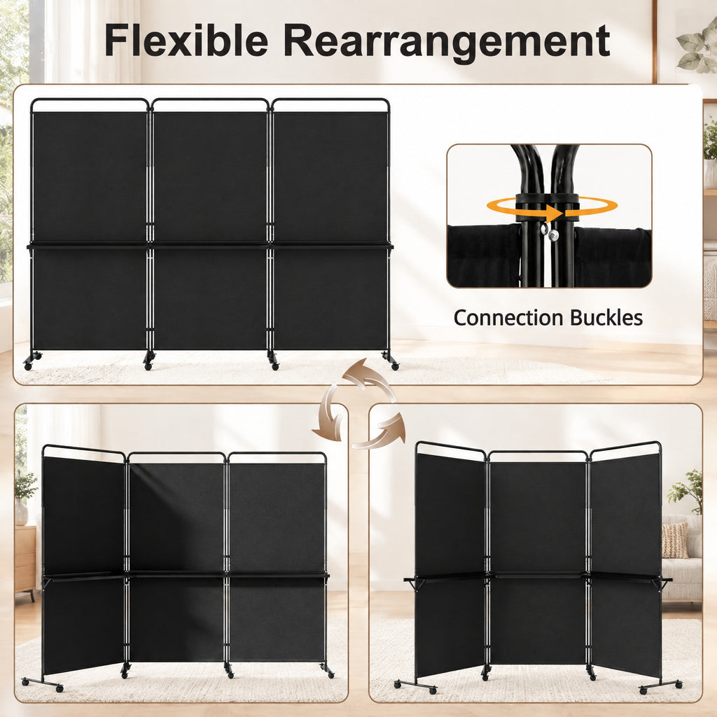 Airfind 3-Panel Room Divider with Shelves 6 FT Tall Folding Privacy Screen with Lockable Wheels, Polyester Fabric Metal Frame, Black