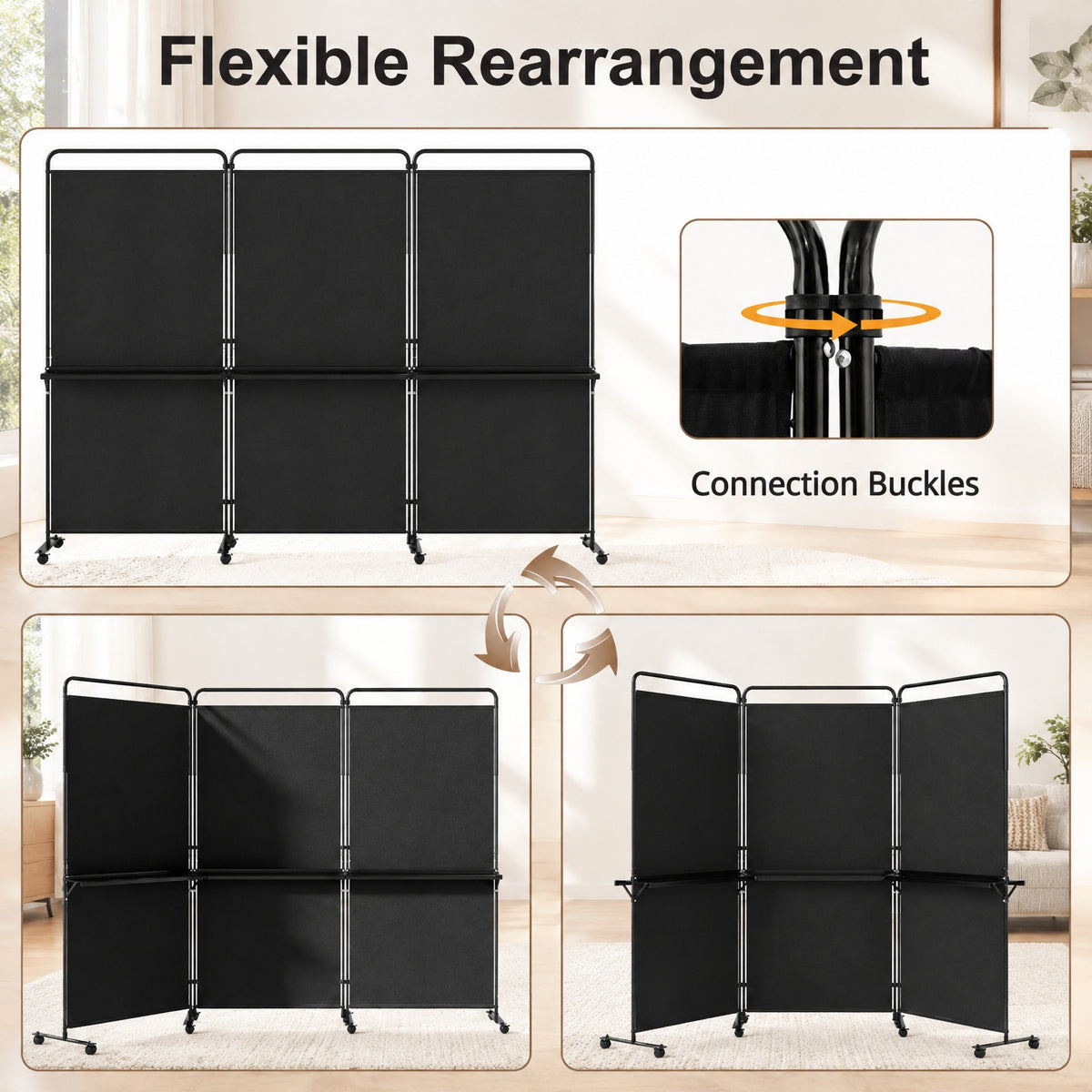 Airfind 3-Panel Room Divider with Shelves 6 FT Tall Folding Privacy Screen with Lockable Wheels, Polyester Fabric Metal Frame, Black