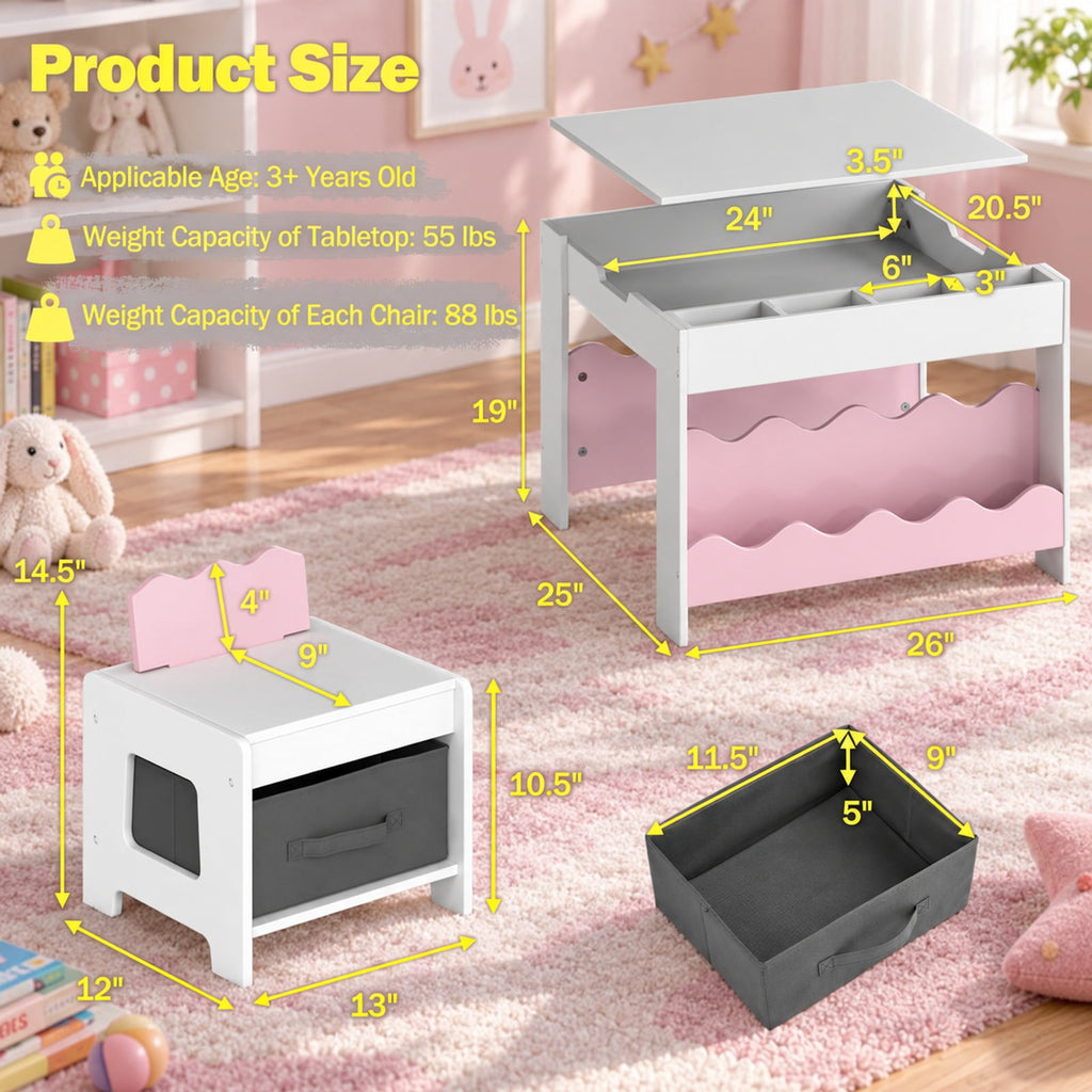 Airfind Youth Table and Chairs Set, Multi-purpose Activity, with Double-sided Tabletop, 55 lbs Capacity, MDF Frame, 26 Inch x 25 Inch x 19 Inch Footprint, Pink