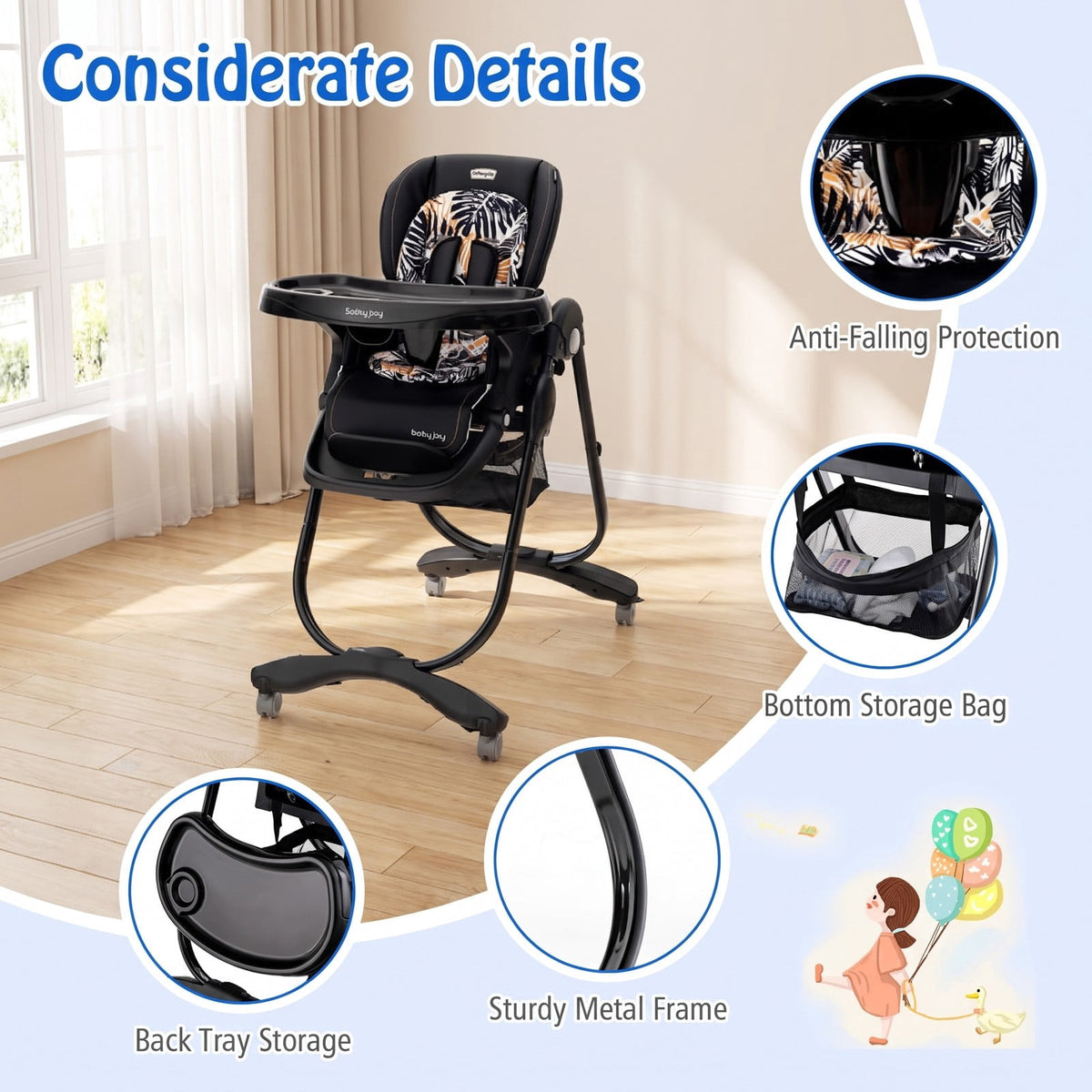 Airfind Multifunctional Folding Youth High Chair with Rolling Wheels and Adjustable Height, 33 lbs, PP Metal PU Construction, Unspecified