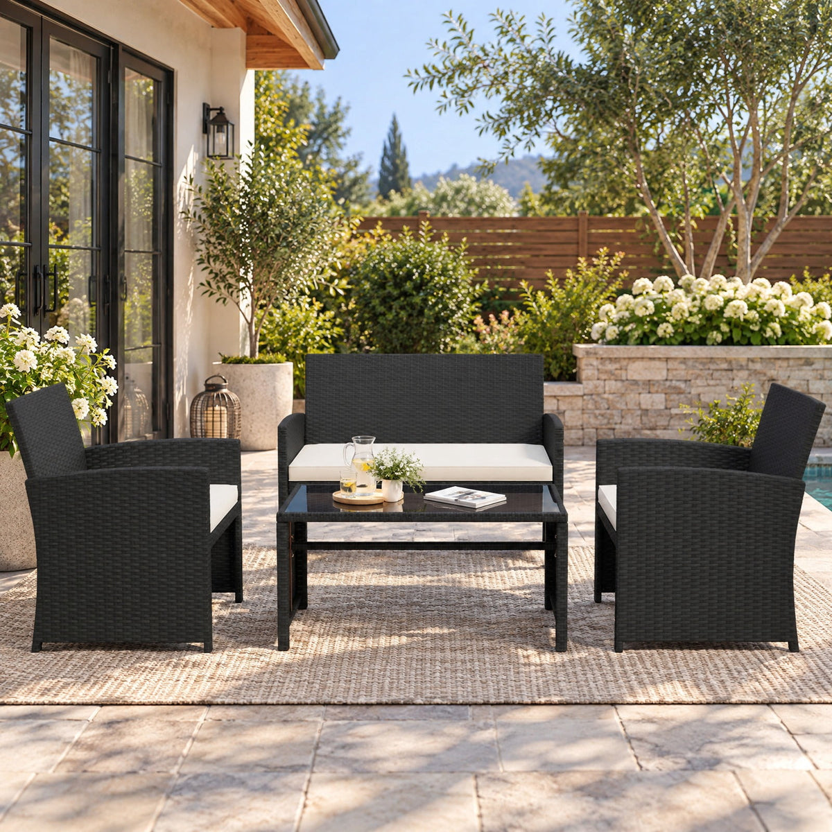 Airfind 4 Pieces Patio Furniture Set with Tempered Glass Tabletop and Removable Cushion, 400 lbs Capacity, Rattan Steel Sponge Frame, White