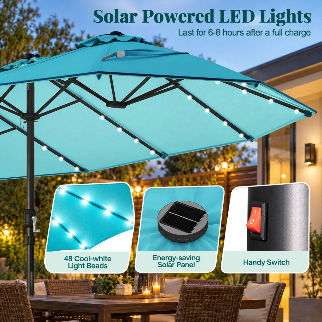 Airfind 15 Feet Double, Sided Patio Umbrella with 48 LED Lights, Turquoise, 48 LED lights are powered by a top solar panel, for Indoor and Outdoor Use