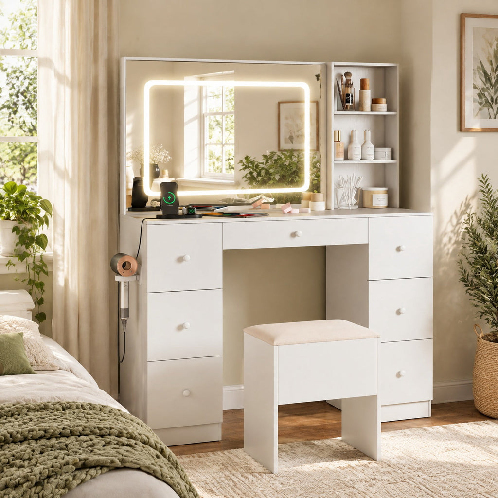 Airfind Vanity Desk with Mirror and Lights Makeup Dressing Table Vanity Table and Stool Set, 155 lbs Capacity, Engineered Wood Frame, White