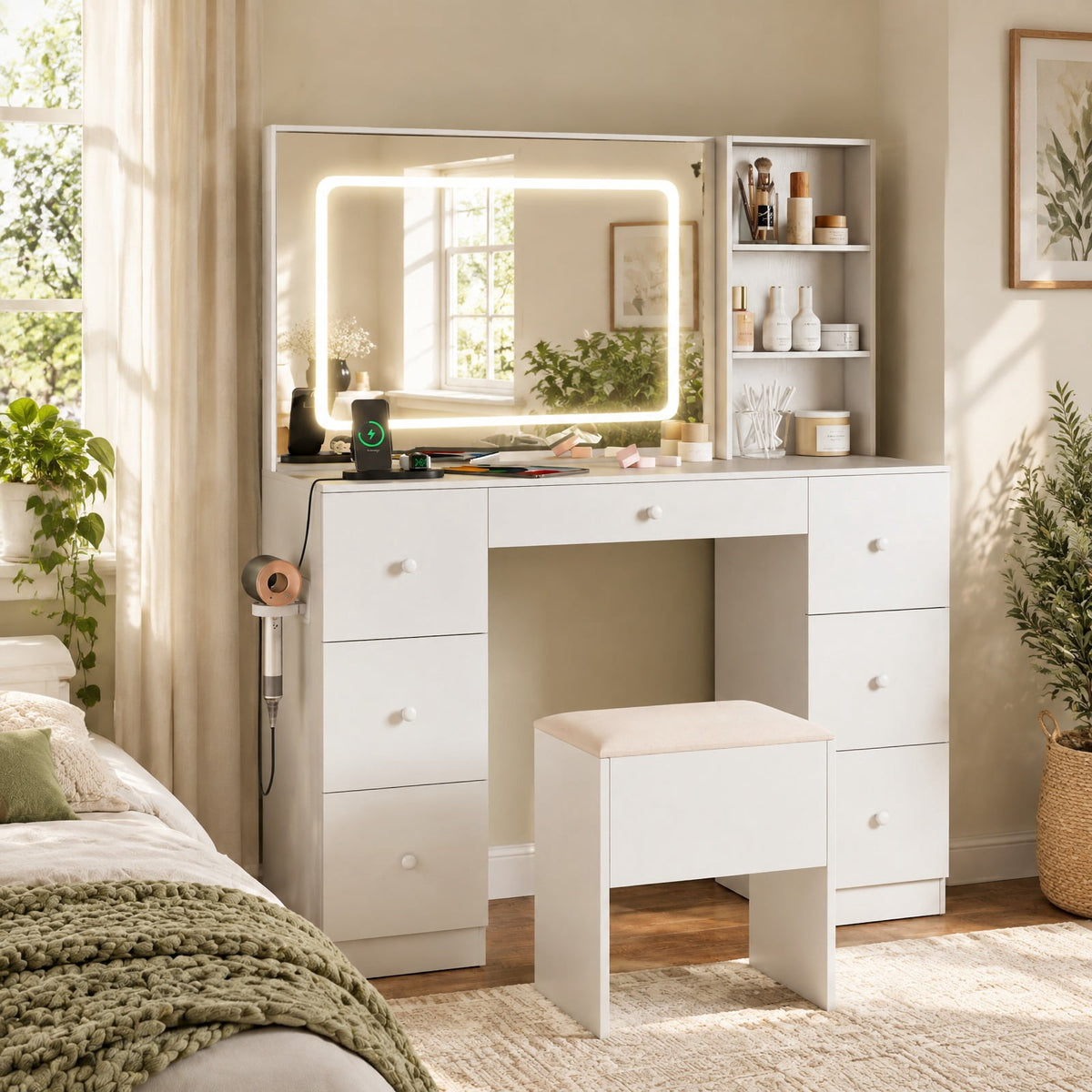 Airfind Vanity Desk with Mirror and Lights Makeup Dressing Table Vanity Table and Stool Set, 155 lbs Capacity, Engineered Wood Frame, White