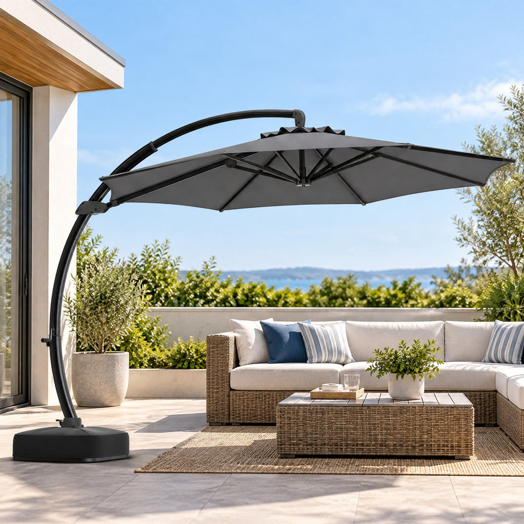 Airfind 11 FT Cantilever Patio Umbrella with Base with 360° Rotation and Tilt Adjustment, Polyester Fabric Aluminum Metal Frame, Gray