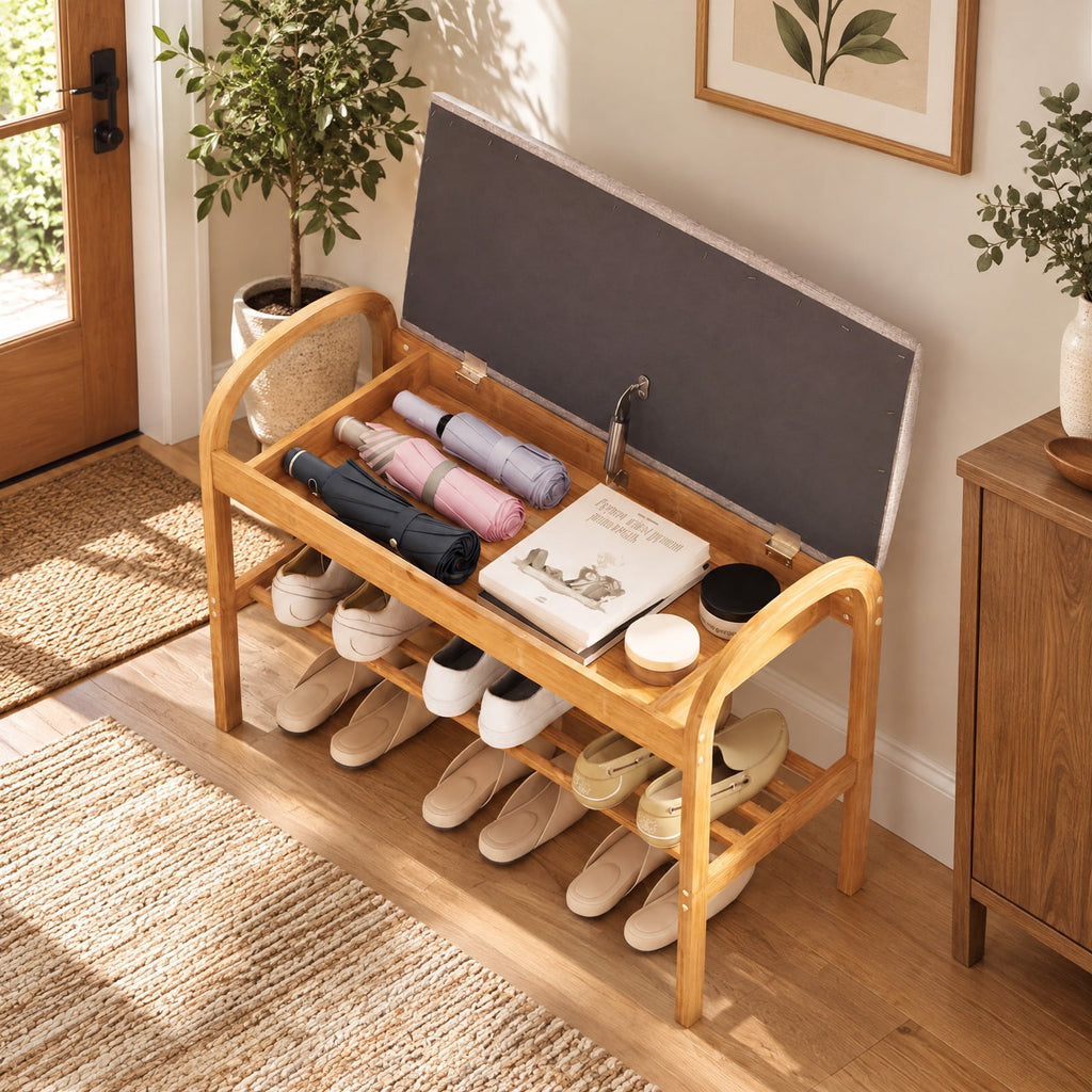 Airfind 2-Tier Bamboo Shoe Bench with Storage and Padded Cushion, 330 lbs Capacity, Bamboo Polyester Fabric Sponge Frame, Gray