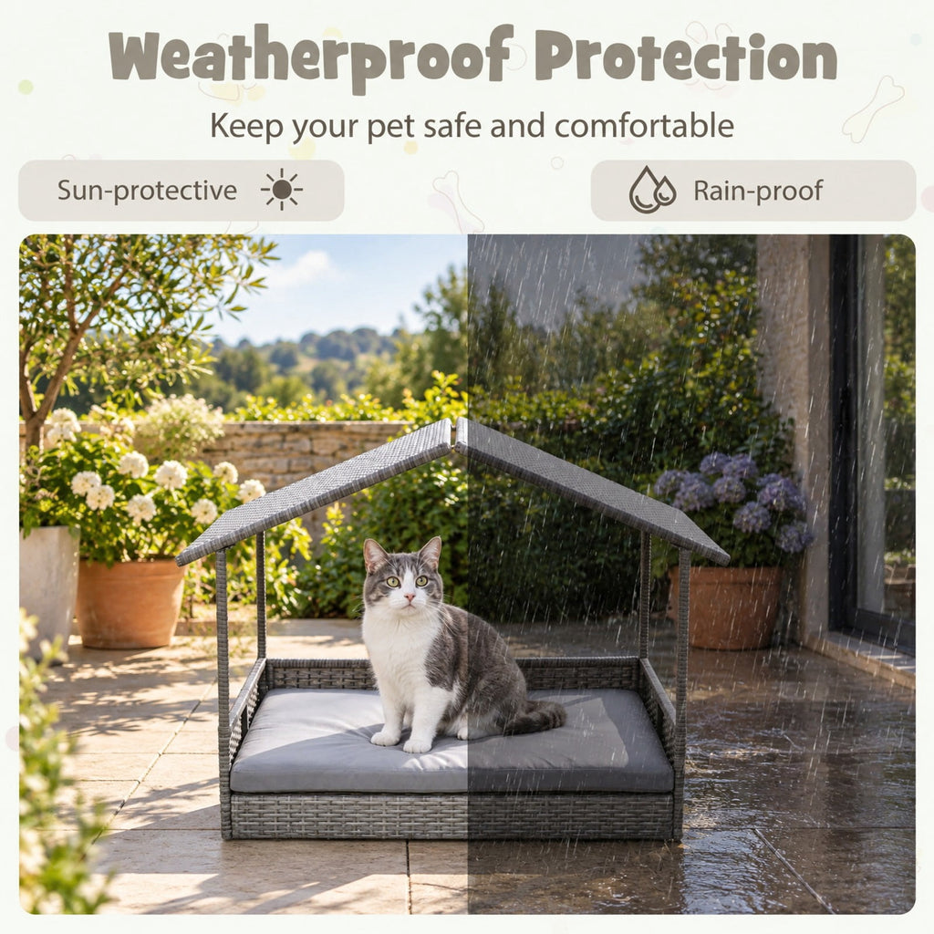 Airfind Wicker Dog House Elevated PE Rattan Dog Bed with Canopy, 165 lbs Capacity, PE Rattan Metal Polyester Fabric Sponge Frame, Gray