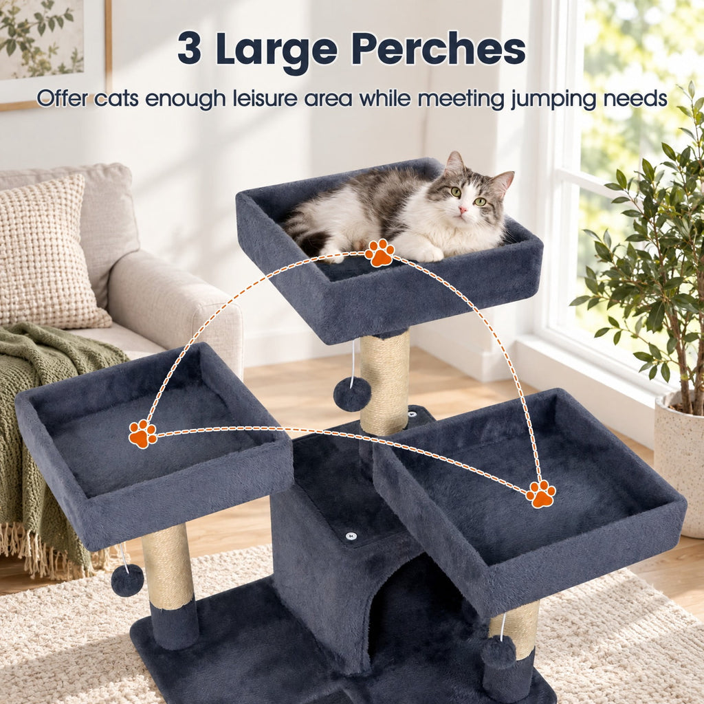 Airfind 65 Inch Tall Multi-level Cat Tree with 3 Upholstered Perch and 2 Cat Condos, Fabric Sisal Engineered Wood Overall Height 65 Inch Base Frame