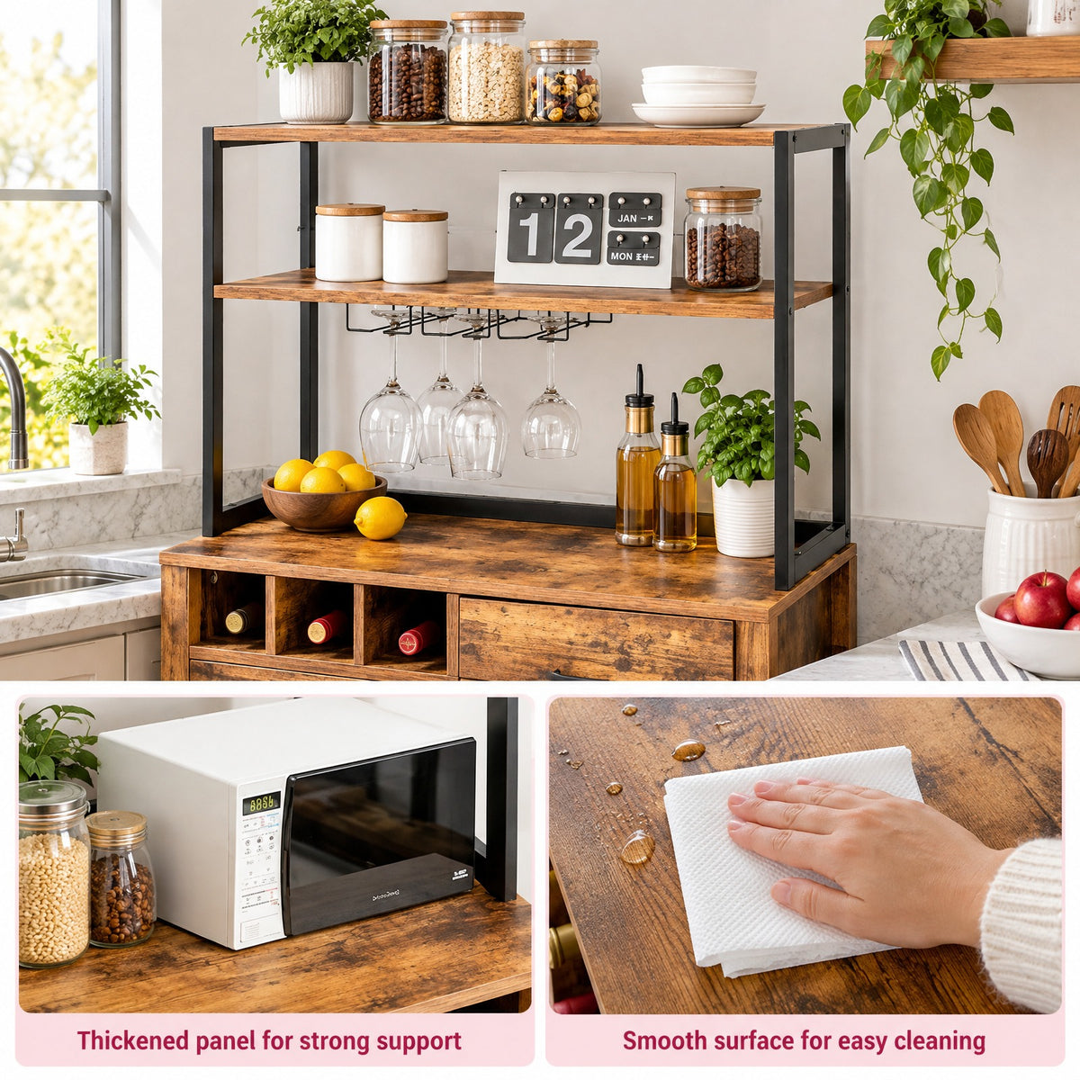 Airfind Kitchen Bakers Rack Freestanding Wine Rack Table with Glass Holder and Drawer, Engineered wood steel Frame, 31 x 16 x 64 Footprint, Brown