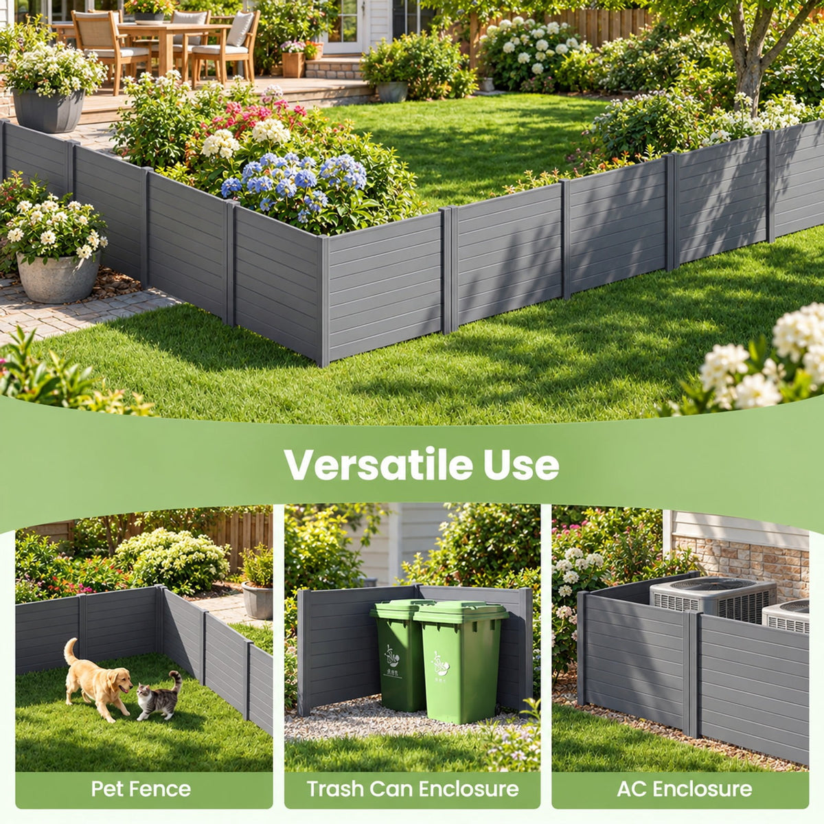 Airfind 48 x 38 Inch Air Conditioner Fence 3 Panels with Metal Ground Stakes for Patio Backyard, PP ABS Galvanized Metal Frame, Gray