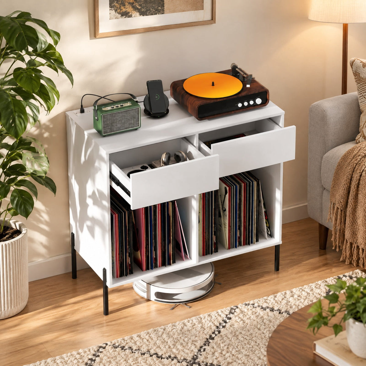 Airfind Record Player Stand with Power Outlets Double Wide Turntable Stand Vinyl Record Storage Table, 220 lbs Capacity, Engineered Wood Metal Frame