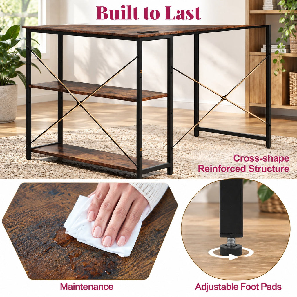 Airfind L-shaped 47 Inch Reversible Corner Desk with Adjustable Storage Shelves, 240 lbs Capacity, Engineered Wood Metal Frame, Brown