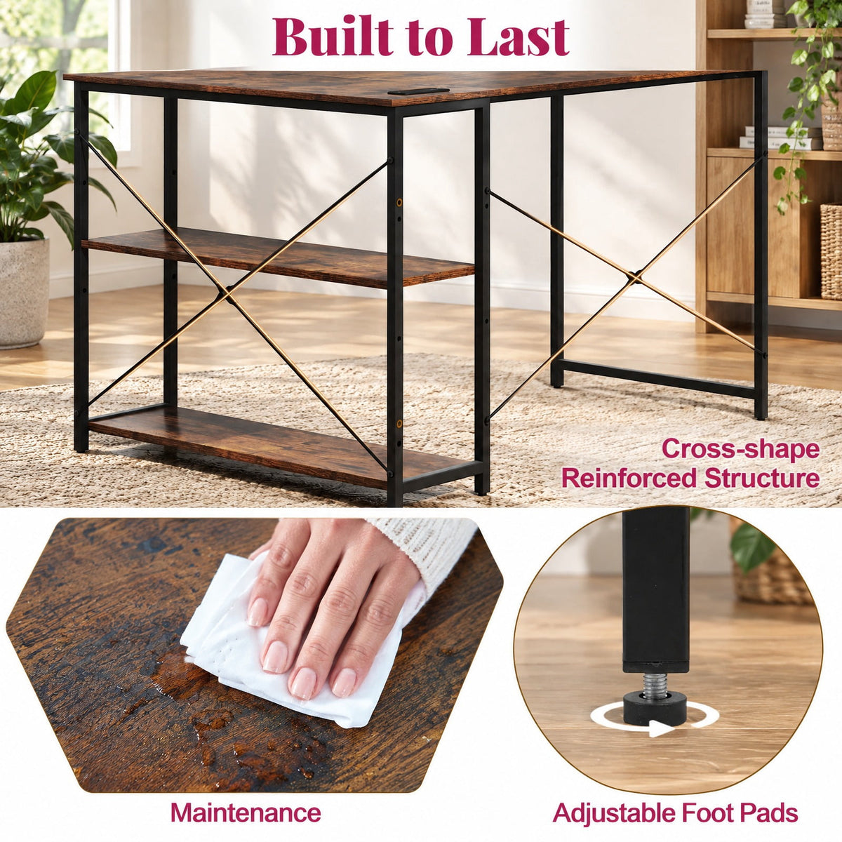 Airfind L-shaped 47 Inch Reversible Corner Desk with Adjustable Storage Shelves, 240 lbs Capacity, Engineered Wood Metal Frame, Brown