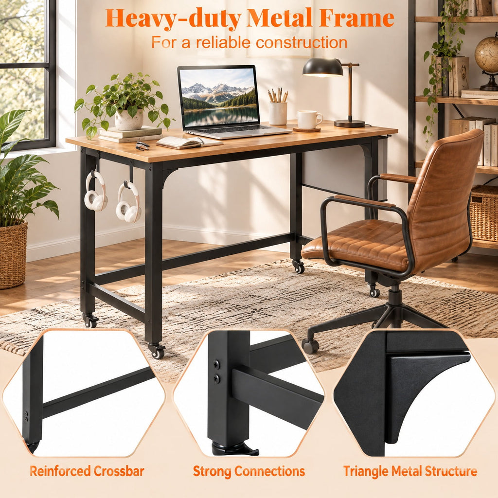 Airfind 48 Inch Rolling Computer Desk with Heavy-duty Metal Frame for Home and Office, 220 lbs Capacity, Engineered Wood Metal Frame, Natural