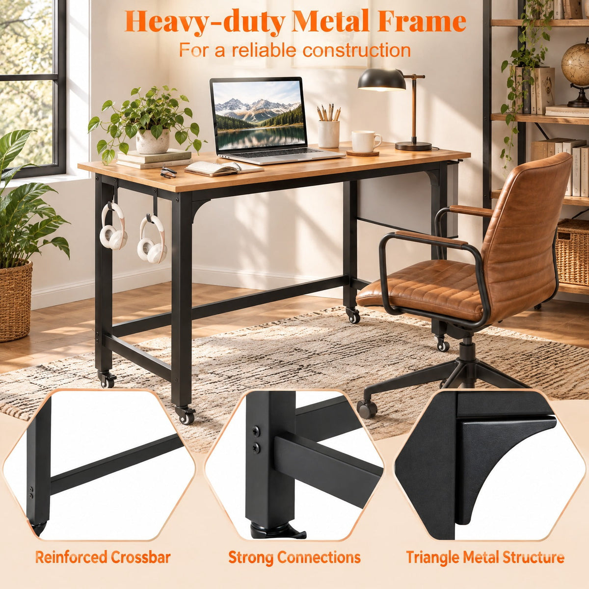 Airfind 48 Inch Rolling Computer Desk with Heavy-duty Metal Frame for Home and Office, 220 lbs Capacity, Engineered Wood Metal Frame, Natural