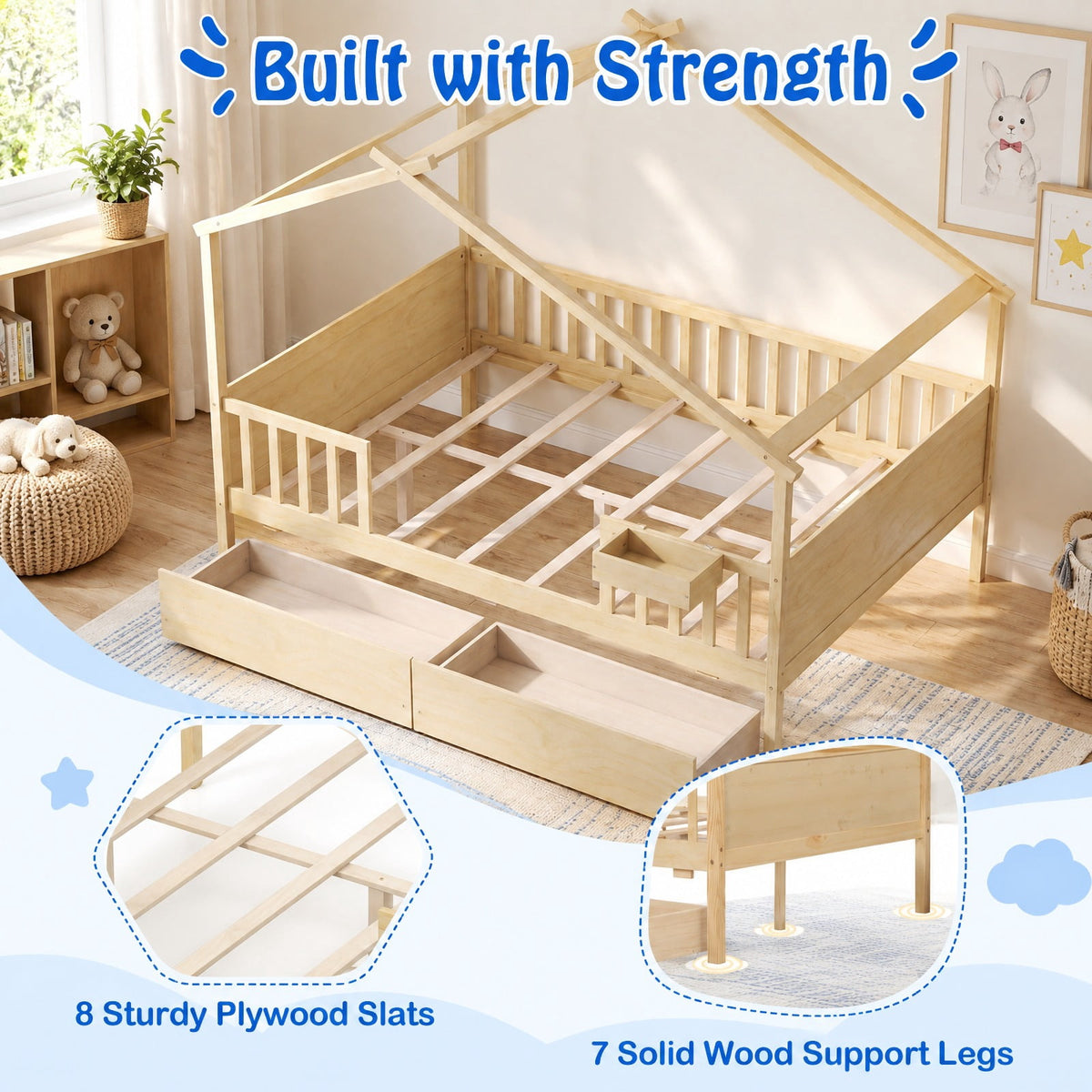 Airfind Full Size House Bed with Roof and Fence Rails for Kid, 550 lbs Capacity, Pine Wood Plywood MDF Engineered Wood Frame, Natural