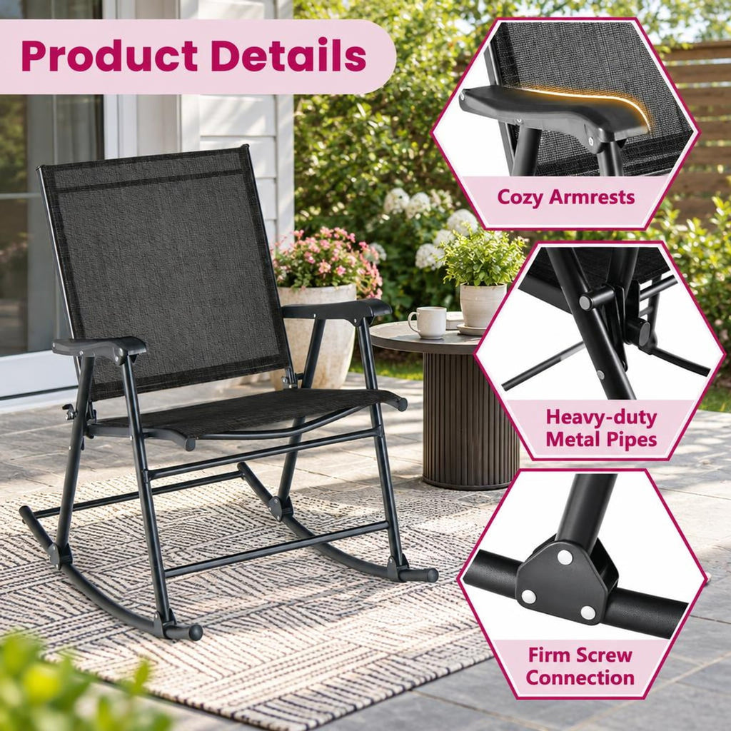 Airfind Folding Rocking Chair with Breathable Seat Fabric Set of 2, 330 lbs Capacity, Fabric Metal Frame, 32.5 x 25 x 36 Footprint, Black