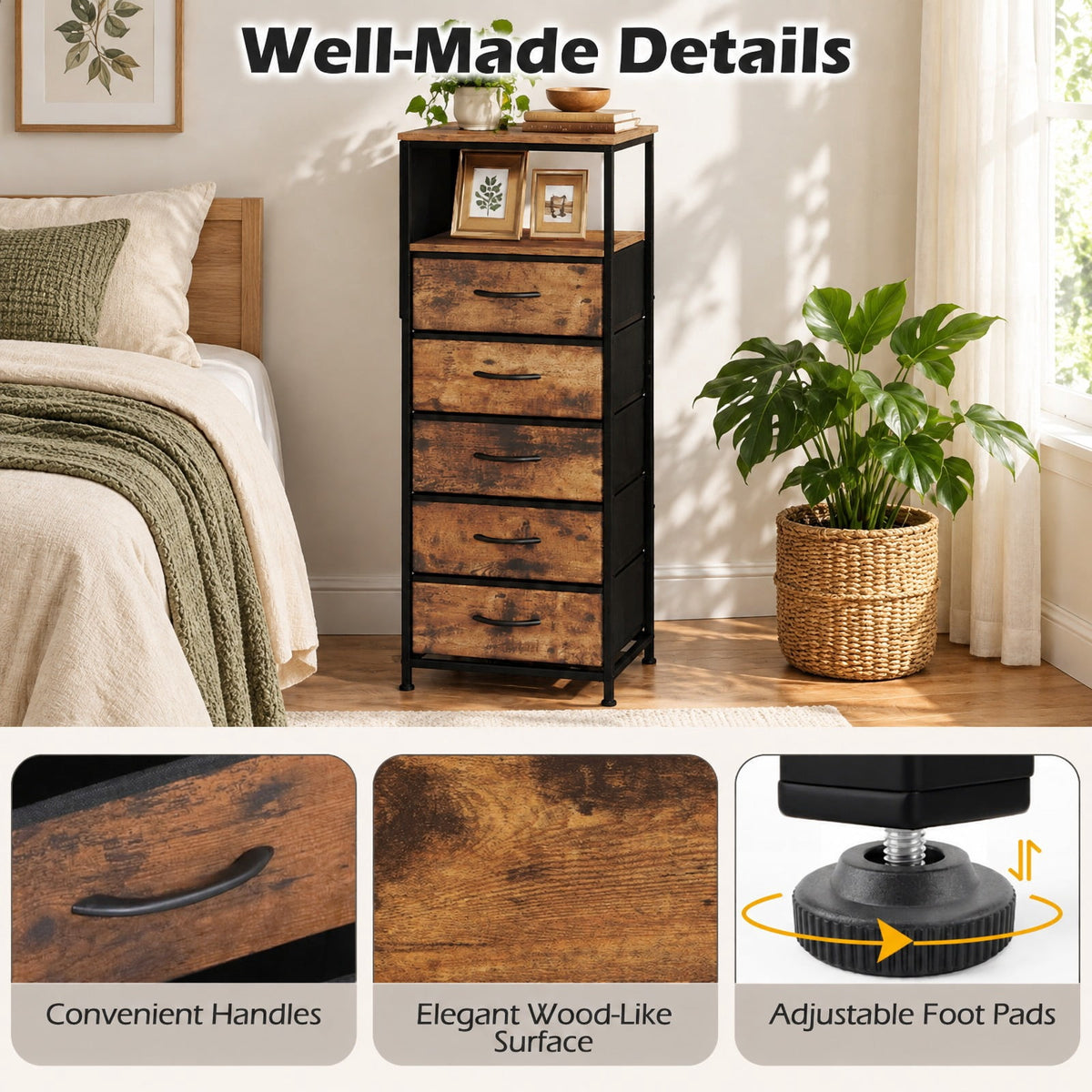 Airfind Nightstand with Integrated Charging Station 39 Inches Modern Bedside Table, 56 kg/123.5 ls Capacity, Metal MDF Non-Woven Fabric Frame, Brown