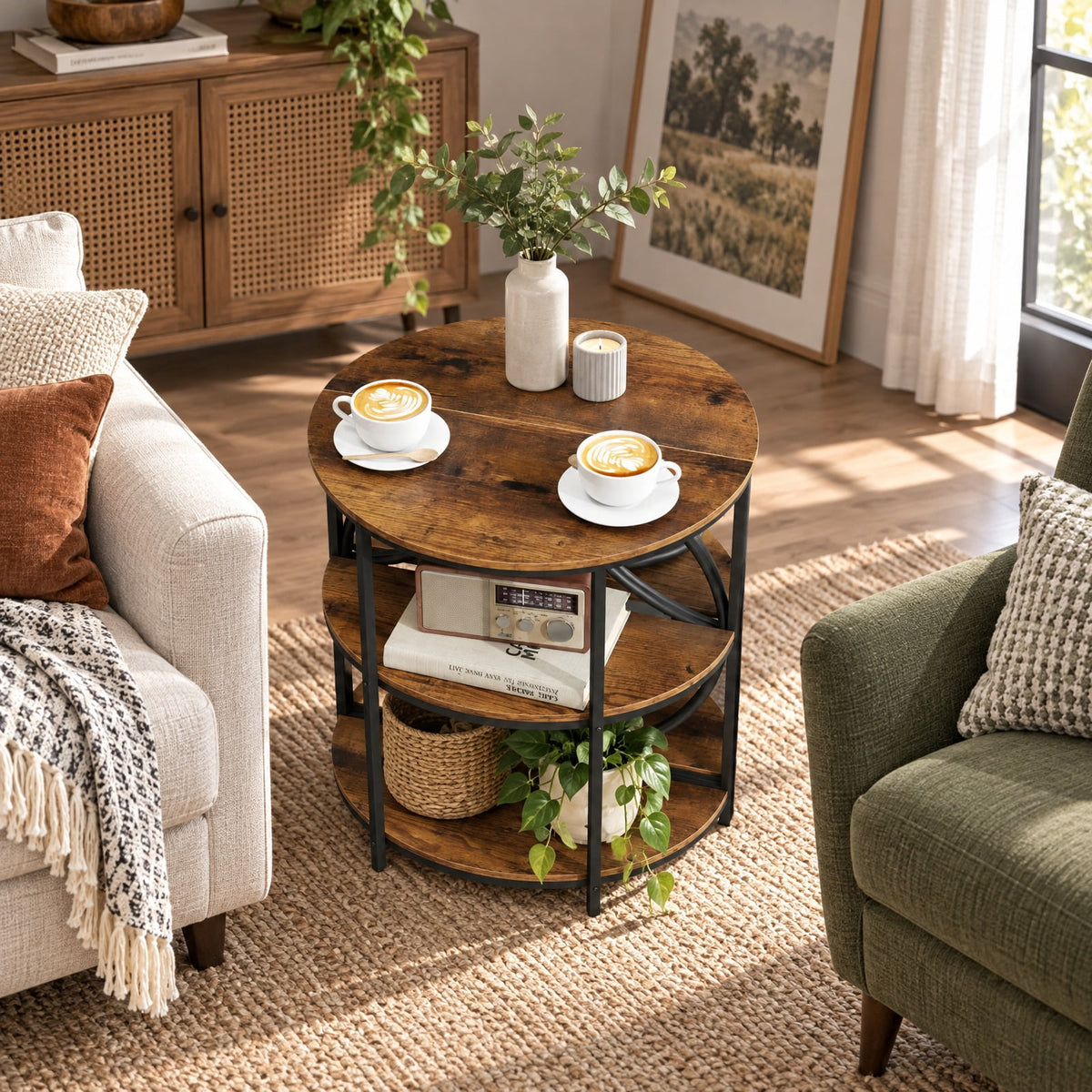 Airfind 3, Tier Half Round End Table with Study Metal Frame for Living Room, Rustic Brown, Smooth rounded edges ensure reliable safety during use