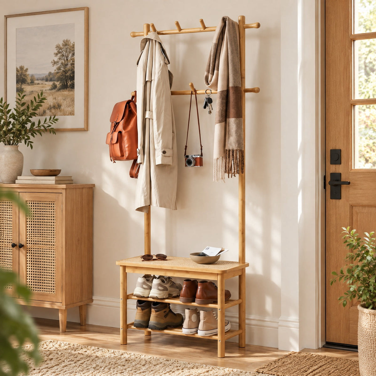 Airfind Bamboo Coat Rack PE Rattan Hall Tree with Bench and Shoe Storage 3-In-1 Entryway Bench, 11 Lbs Capacity, Bamboo PE Rattan, Natural