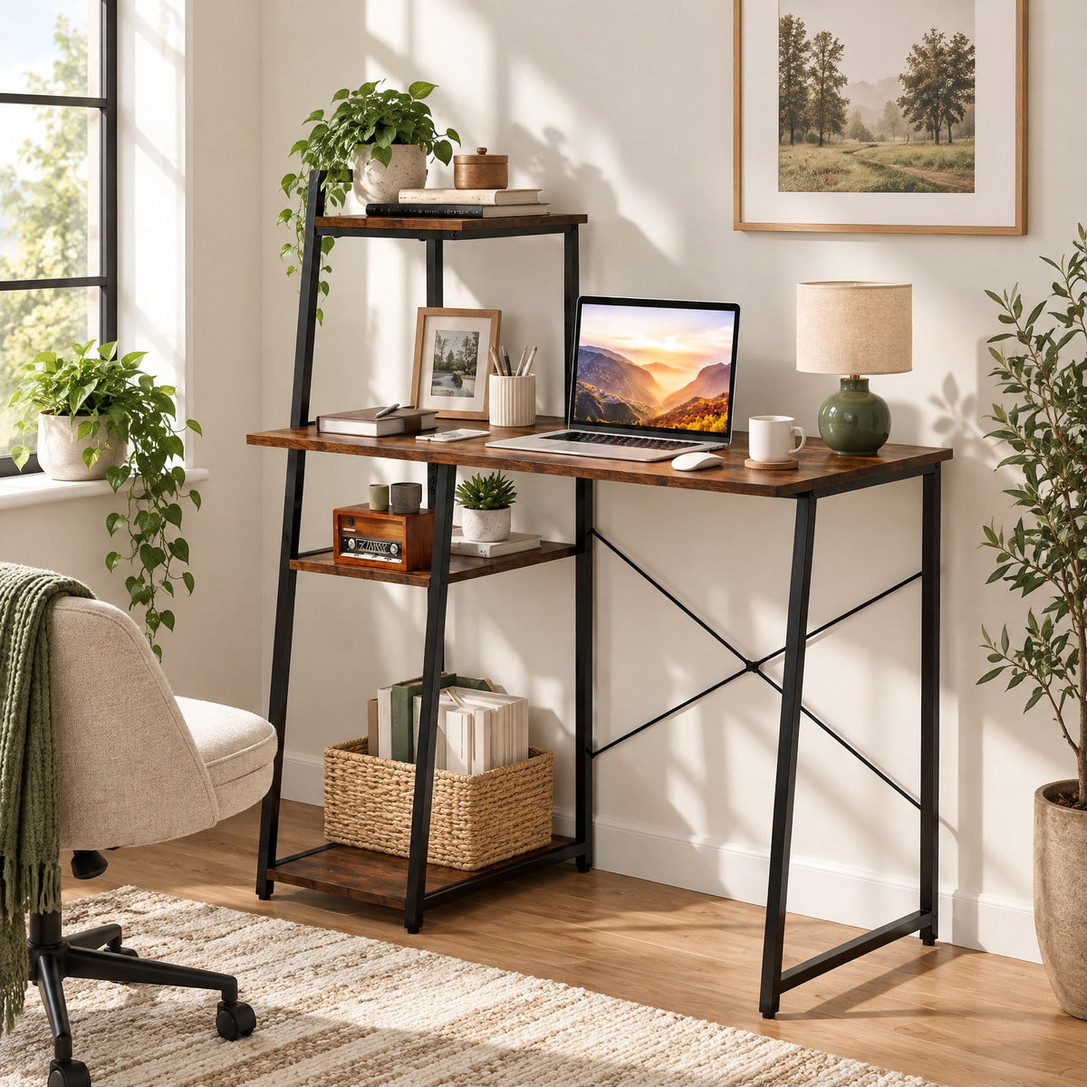 Airfind Computer Desk with Shelves and 3-Tier Storage Bookshelf, Metal Engineered Wood Frame, 39.5 x 20 x 47.5 Footprint, Brown