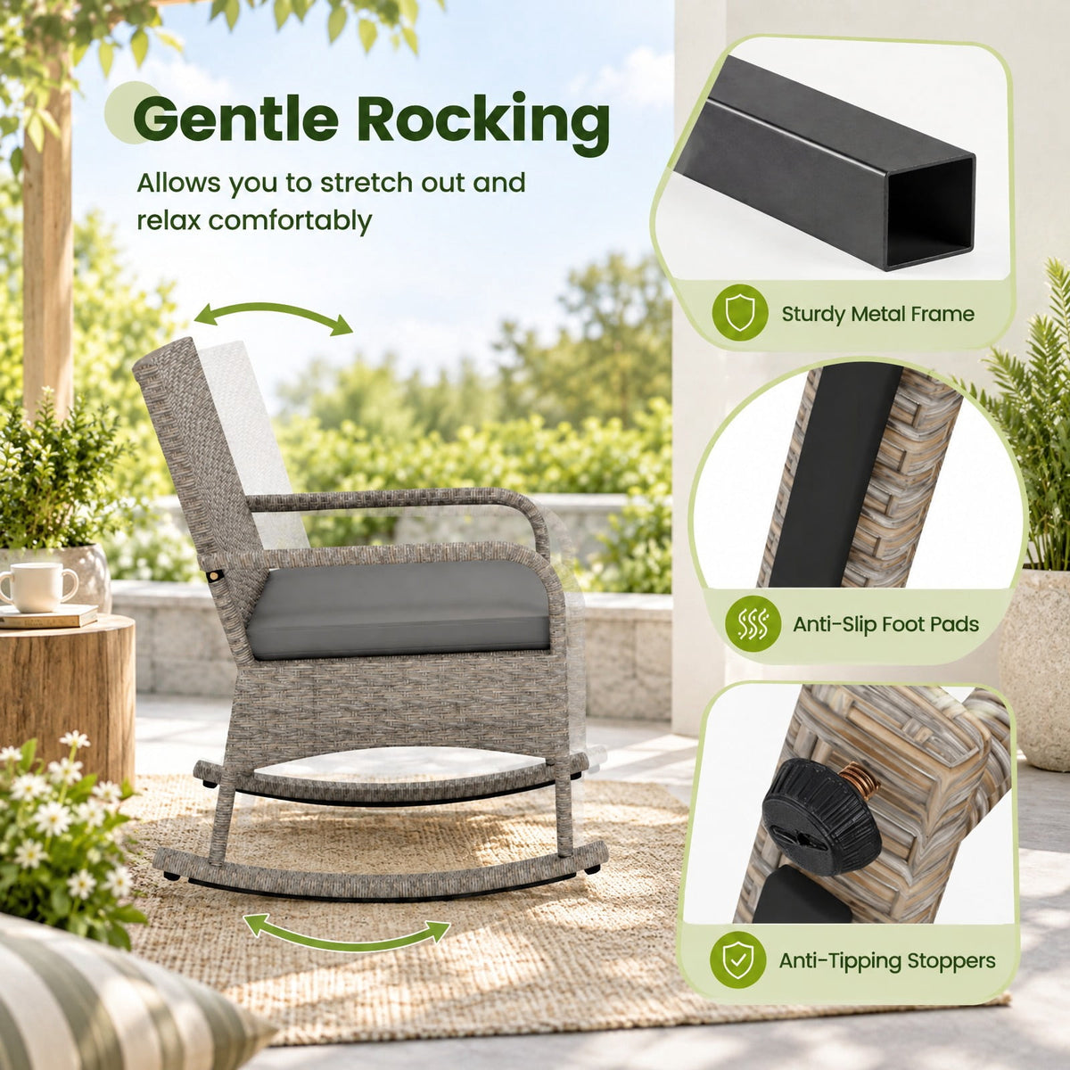 Airfind 3-Piece Wicker Rocking Bistro Set with Cushions for Garden Backyard Porch, of Chair 400 lbs Total Capacity, PE Rattan Frame, Gray