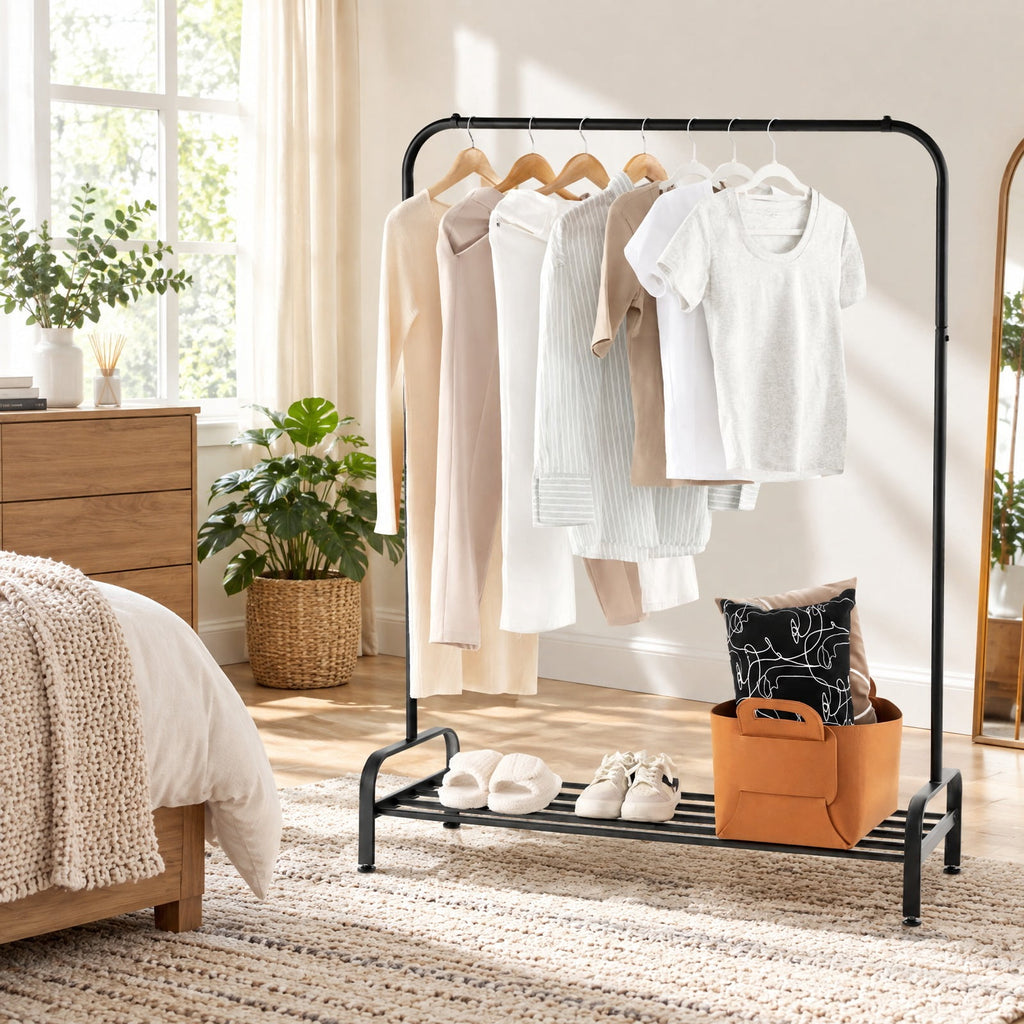 Airfind Heavy Duty Clothes Stand Rack with Top Rod and Lower Storage Shelf, 44 Lbs Capacity, Metal, 44 Inch X 16.5 Inch X 57 Inch, Black
