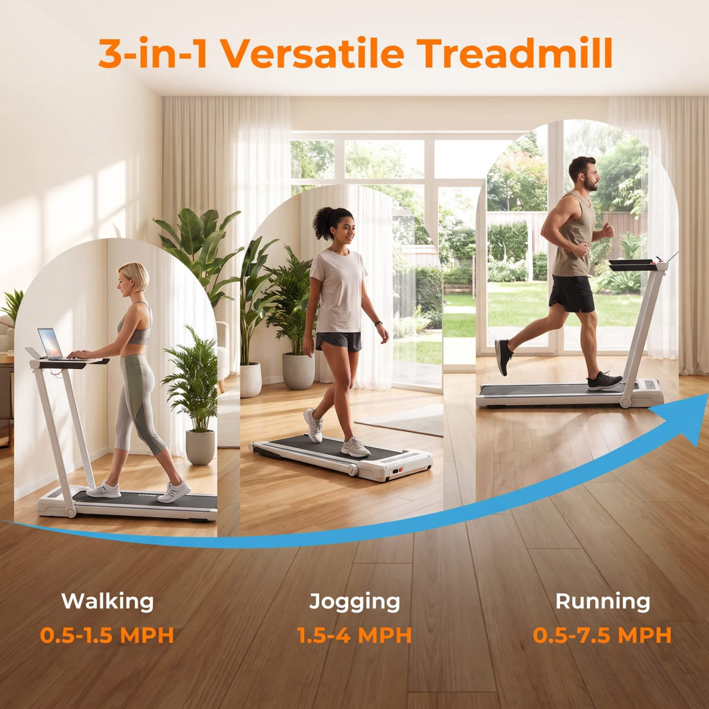 Airfind 3 in 1 Folding Treadmill with Removable Desk and LCD Display for Home Office Under Desk Walking and Jogging, White