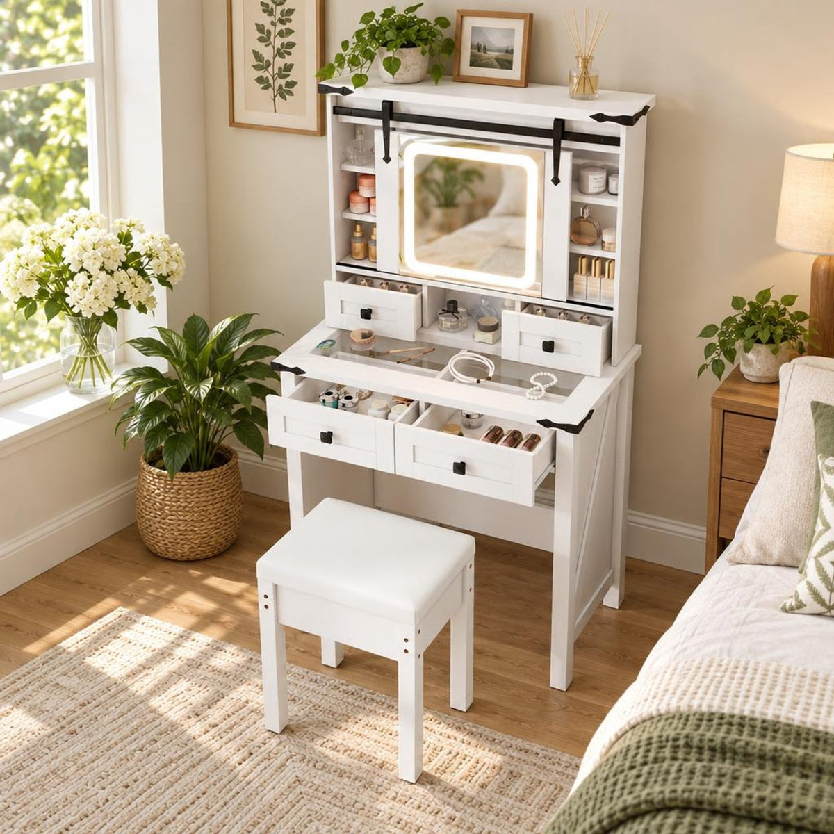 Airfind Makeup Vanity Desk with Mirror and Adjustable Storage Shelves, 110 lbs Capacity, Engineered Wood Frame, 31in x 16in x 54.5in Footprint, White