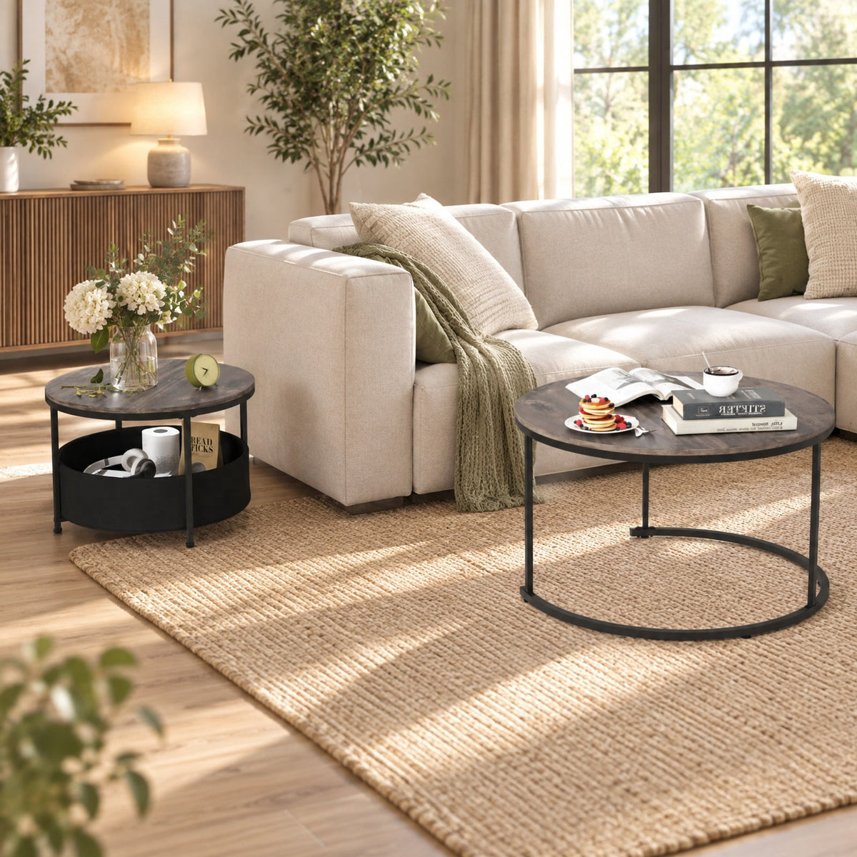 Airfind Round Coffee Table Set of 2 31.5 and 24 Circle Cocktail Table with Fabric Storage Basket, 110 lbs Capacity, 31.5 x 19 Footprint, Gray