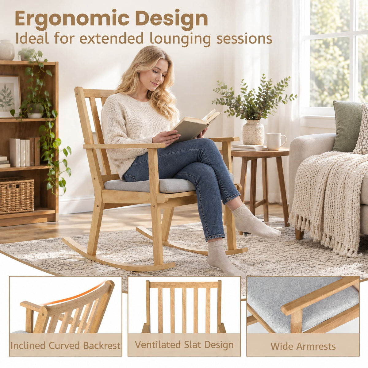 Airfind Rocking Chair with Cushion Solid Rubber Wood Rocker with Padded Seat, 160 kg Capacity, Rubber Wood Fabric Sponge Frame, Natural