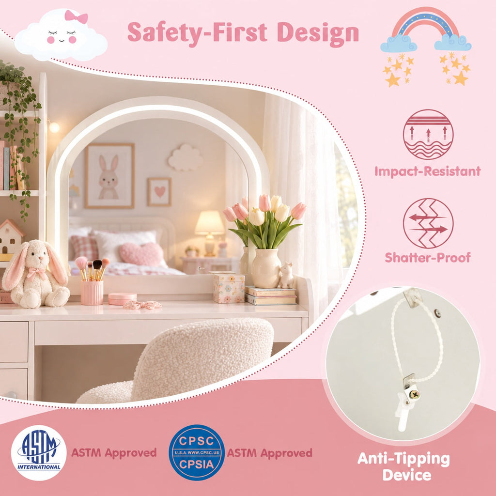 Airfind Kids Vanity Table and Chair Set with Shelves Drawer and Cabinet, P2 MDF Acrylic Frame, for Over 3 Years Old, 31.5 Inch x 16 Inch x 37 Inch Footprint