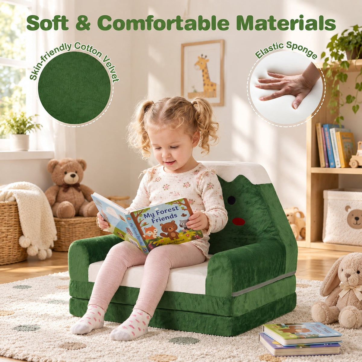 Airfind 2-in-1 Convertible Kids Sofa to Lounger with Christmas Patterns, Ultra-soft Fabric Sponge Frame, for 18-36 Months Old, Green