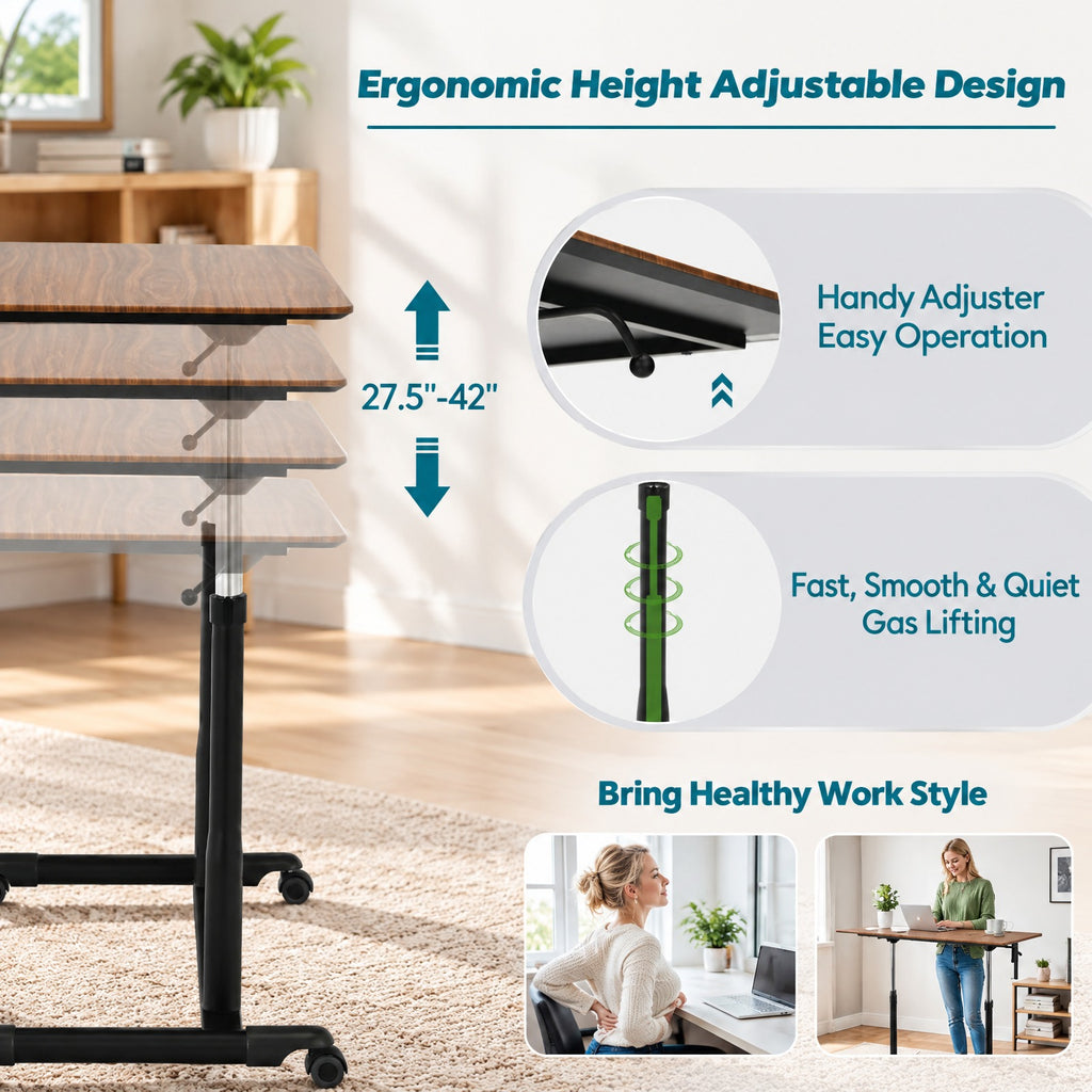 Airfind Height Adjustable Computer Desk Sit to Stand Rolling Notebook Table, MDF Frame, 37.5 x 21.5 x 27.5-42 Footprint, Brown