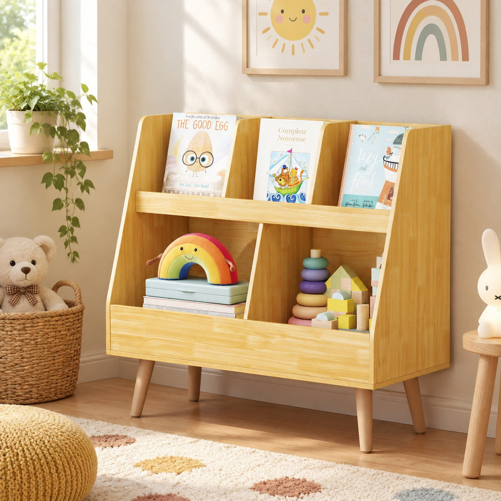 Airfind 5-Cube Kids Bookshelf and Toy Organizer with Anti-Tipping Kits, 68 lbs Capacity, MDF Solid Wood Frame, White Oak Natural Pink Light Gray