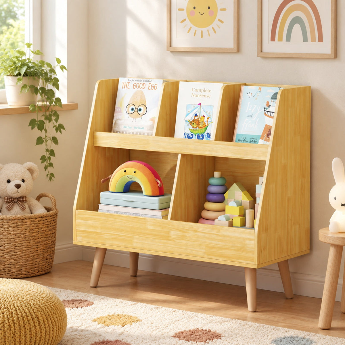 Airfind 5-Cube Kids Bookshelf and Toy Organizer with Anti-Tipping Kits, 68 lbs Capacity, MDF Solid Wood Frame, White Oak Natural Pink Light Gray