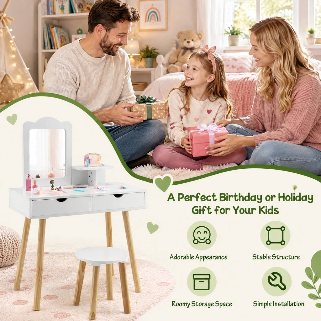 Airfind Kid Vanity Table Chair Set with Mirror and 2 Large Storage Drawers, 44 lbs Capacity, Pine wood MDF Frame, 28in x 13in x 39in Footprint, White