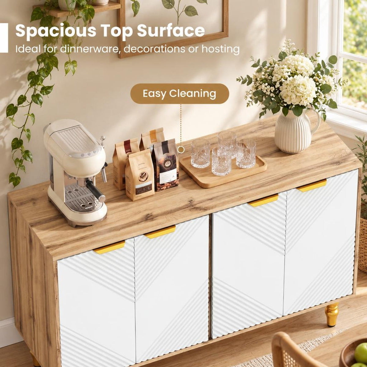 Airfind 47 Sideboard Buffet Cabinet with 4 Chevron Fluted Doors Anti-Toppling Devices for Kitchen, Natural