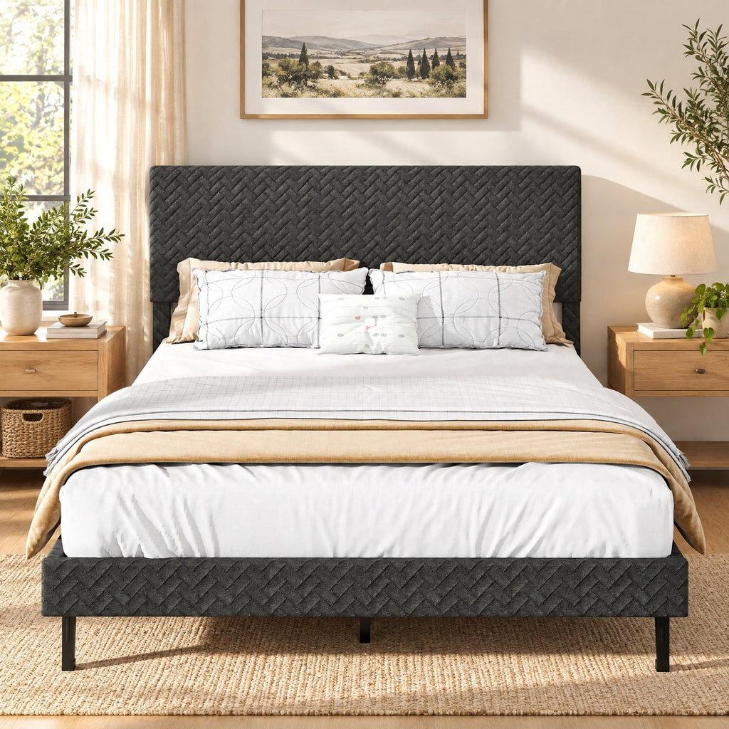 Airfind Twin/Full/Queen Size Velvet Bed Frame Upholstered Platform Bed with Chevron Headboard Gray, 500 lbs Capacity, Velvet Frame, Gray