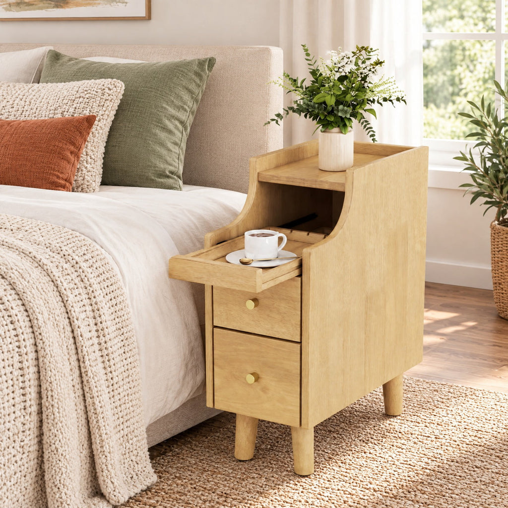 Airfind Solid Wood Night Side Table Narrow Bedside Table Nightstand with Pull-out Tray and 2 Storage Drawers, 55 lbs Capacity, Natural
