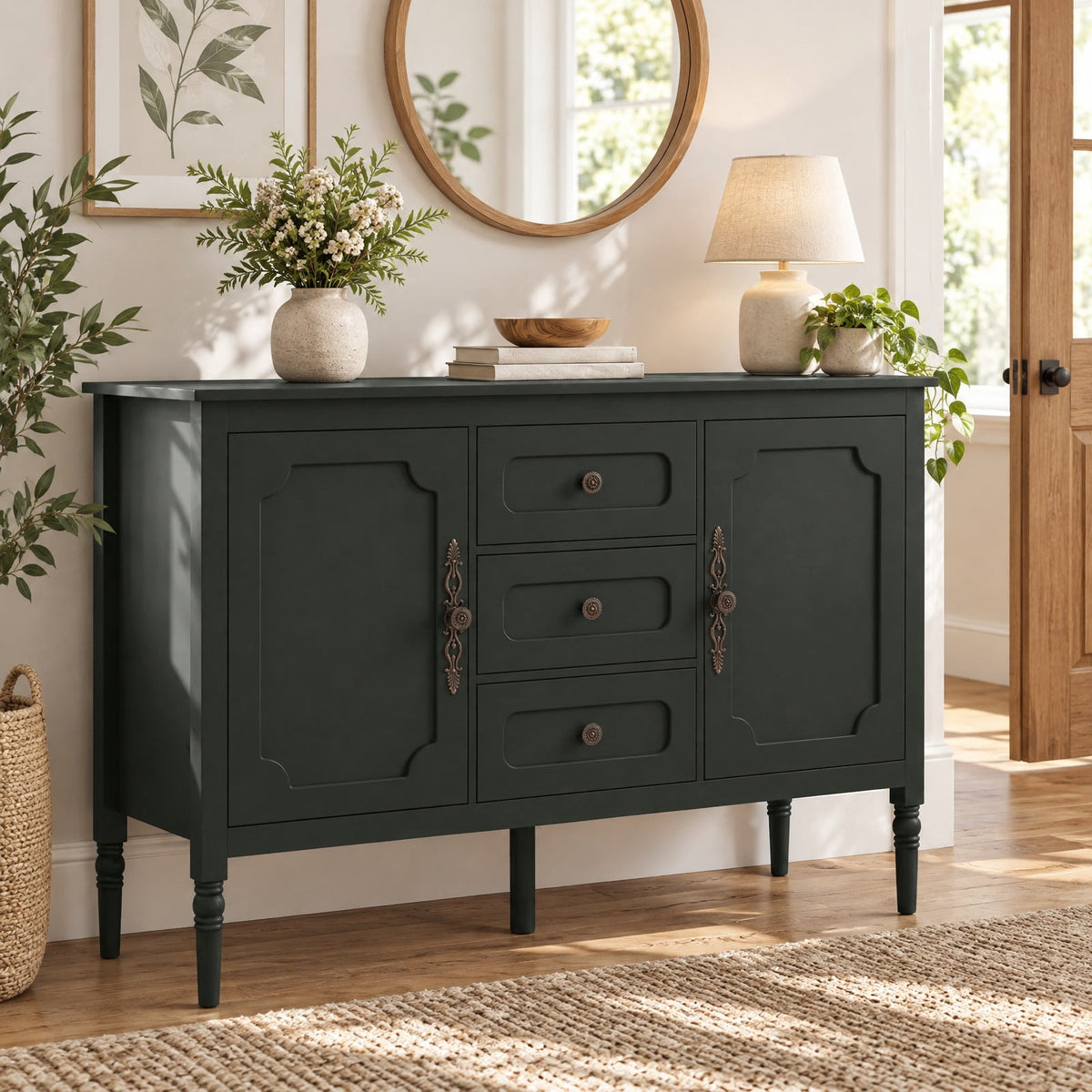 Airfind 47 Inch Vintage Buffet Cabinet with 3 Drawers 2 Cabinets and Adjustable Shelves for Dining Room, 110 Lbs Capacity, 47 Inch X 15.5 Inch X 31.5 Inch, Green