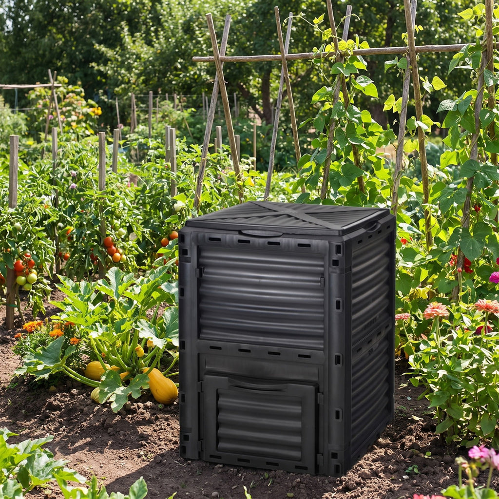 Airfind 80-Gallon Outdoor Composter with Large Openable Lid and Bottom Exit Door, PP Frame, 23.5 x 23 x 32 (L x W x H) Inner Footprint, Black