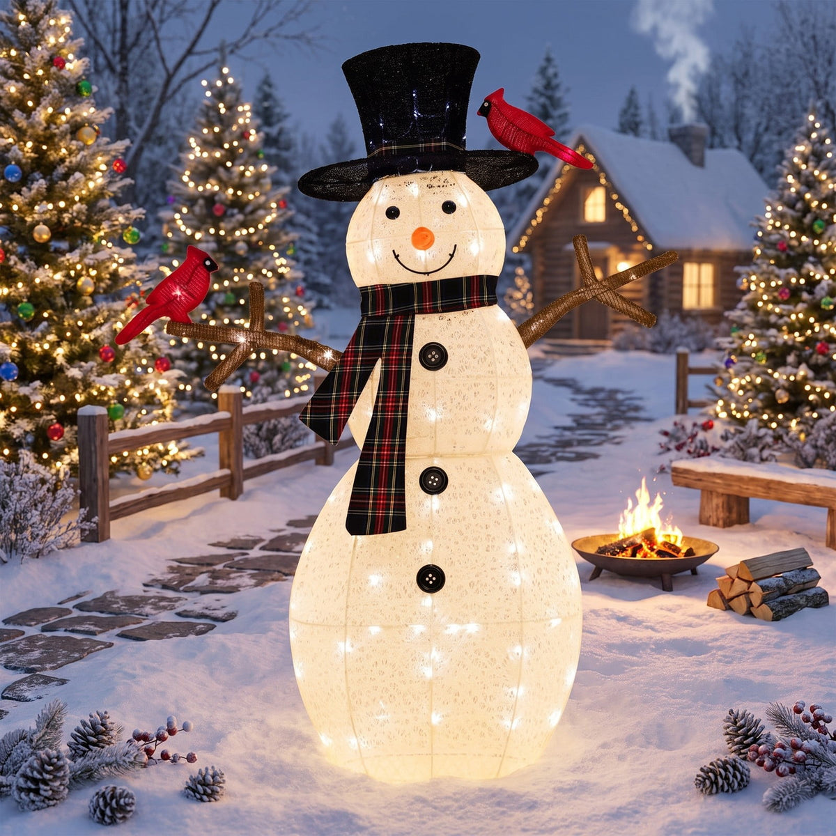 Airfind 4.2 Feet Lighted Snowman and Redbirds Christmas Decoration, Tinsel Fabric Metal Frame, 3.3 x 0.5 x 4.2 ft Footprint, Black+White+Red