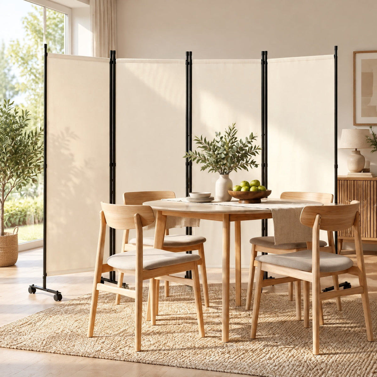 Airfind 4-Panel Room Divider with Lockable Wheels for Living Room, Polyester Fabric Metal Frame, 87in x 14in x 68in Footprint, Beige
