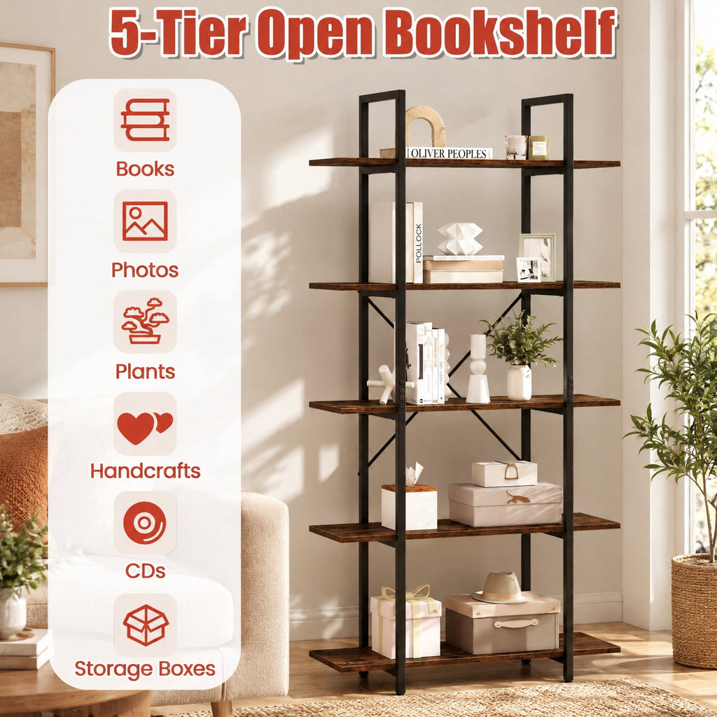 Airfind 5-Tier 62 Inch Tall Vintage Industrial Bookcase with Open Storage Shelves, 220 lbs Capacity, Engineered Wood Metal Frame, Brown